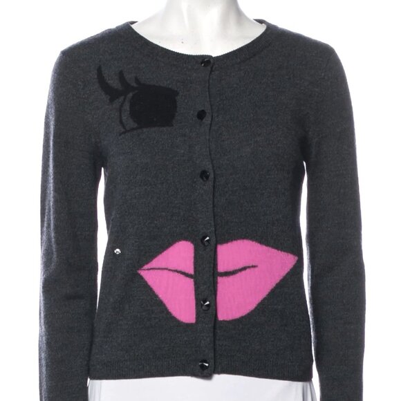 RARE Alice + Olivia 100% Wool Staceface or Stace Wink & Lips Cardigan (size S) - Picture 1 of 16
